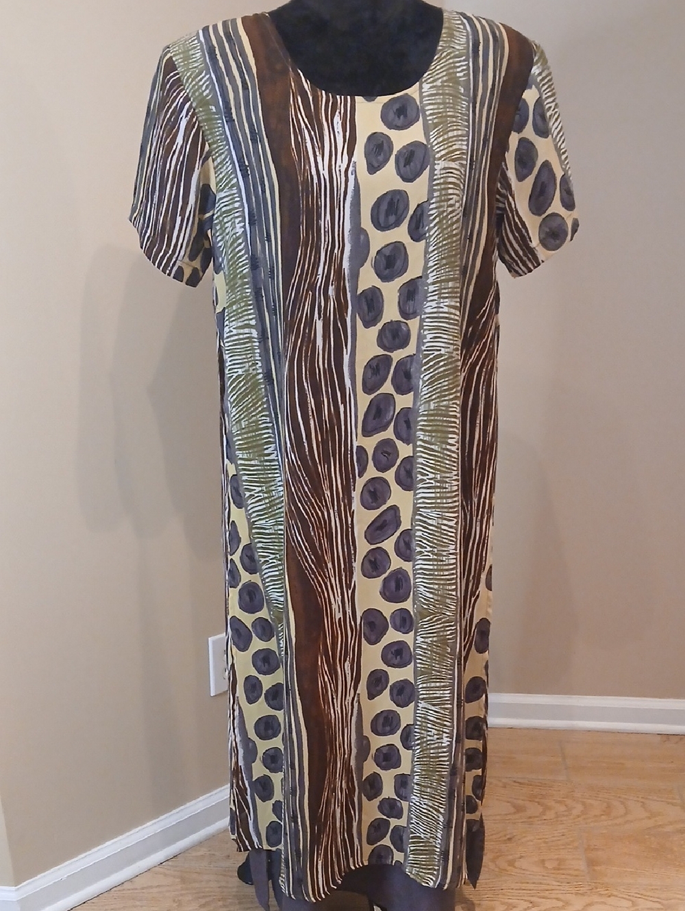 Freestyle Vertical Stripe & Dot Maxi Dress in Beige, Brown & Olive